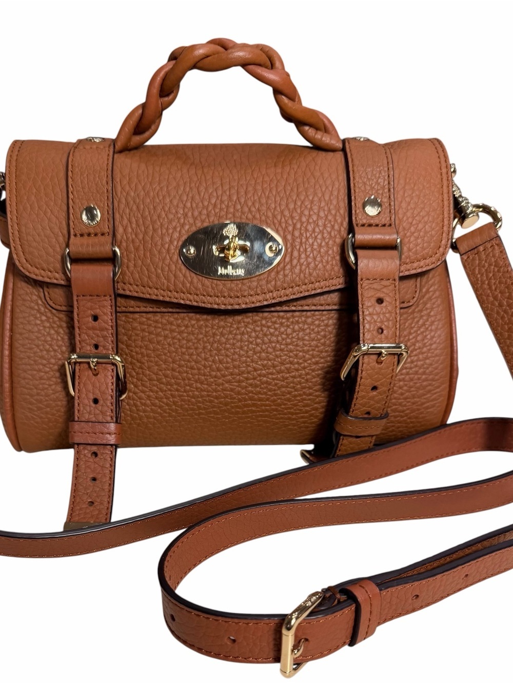 Mulberry NWT Mini Alexa in Brown Braided-Handle Crossbody Bag in Cognac Brown